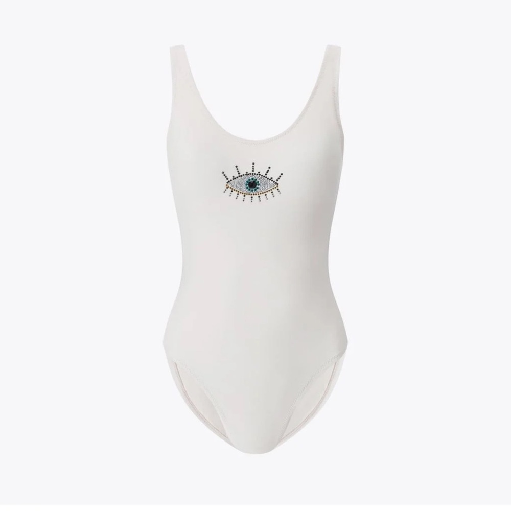 Kurt Geiger White Swimsuit with Evil Eye Embellishment Rhinestone Bathing Suit